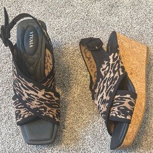 Vivaia Leopard Print Wedge Peep Toe Sandal